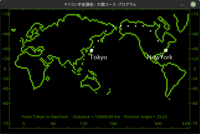 東京-ニューヨーク間の位置角・距離とそのコース